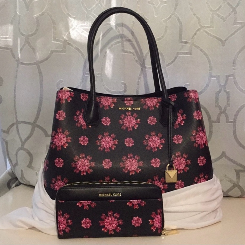 Michael Kors Black and Pink Floral Tote